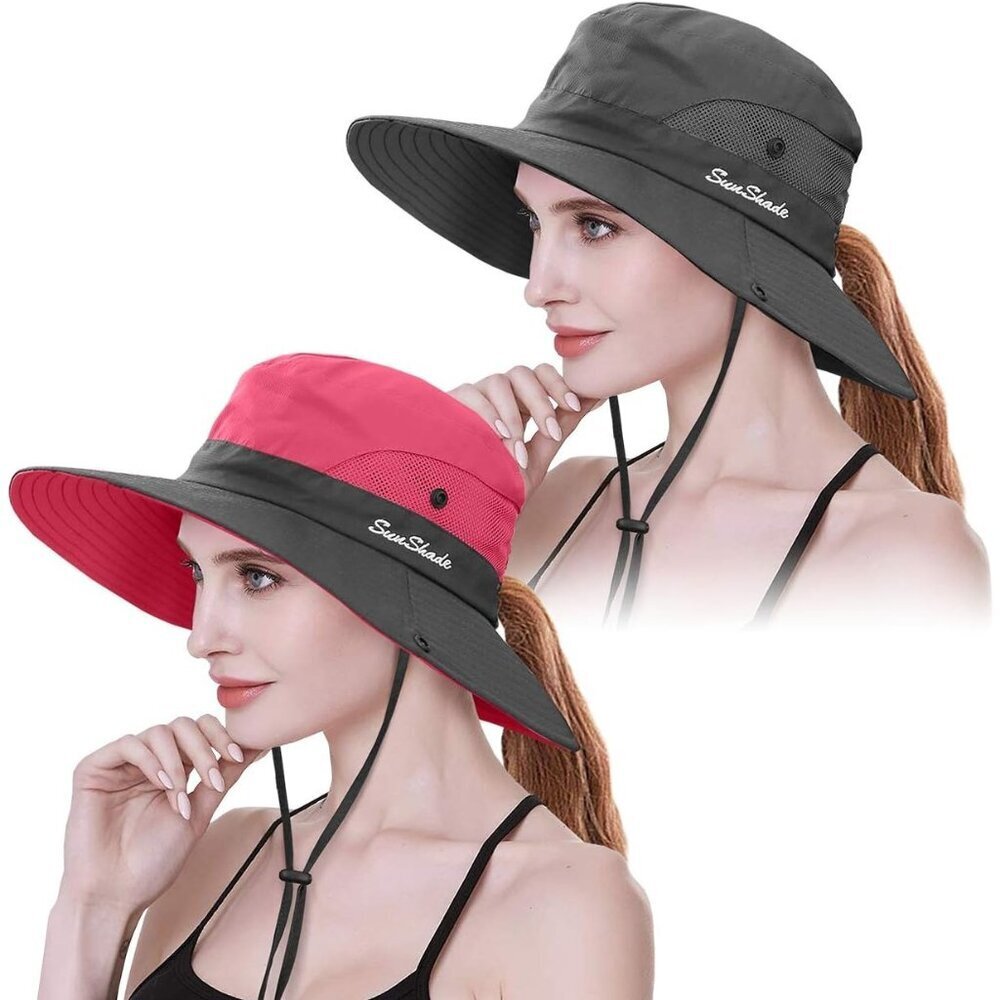 Women's Red & Grey Set Of 2 Wide Brim Mesh Boonie With Chin Strap Cowboy Hat